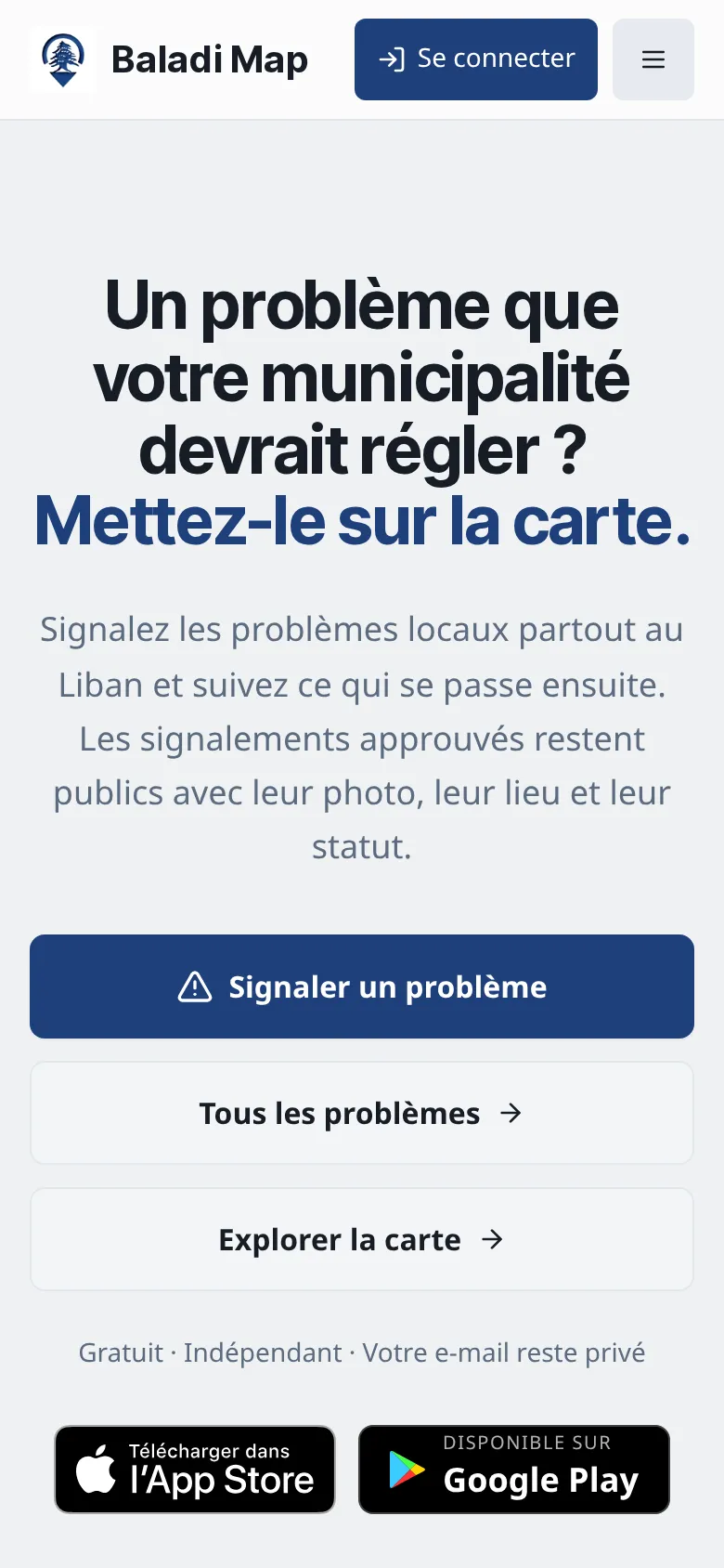 Capture de la page d’accueil de Baladi Map, avec les liens vers l’App Store et Google Play.