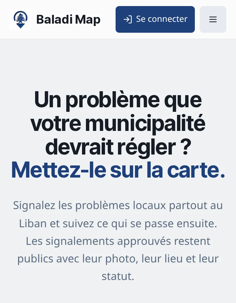 Capture de la page d’accueil de Baladi Map, avec les liens vers l’App Store et Google Play.