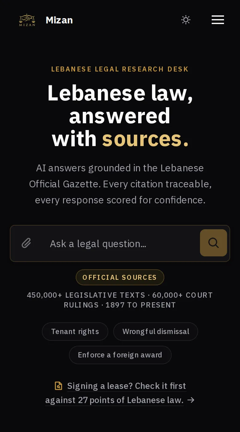 Screenshot of the Mizan home page: “Lebanese law, answered with sources.”, with a box to ask a legal question.
