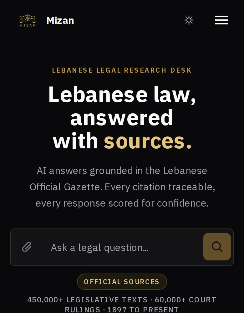 Capture de la page d’accueil de Mizan, en anglais : « Lebanese law, answered with sources. », avec un champ pour poser une question juridique.